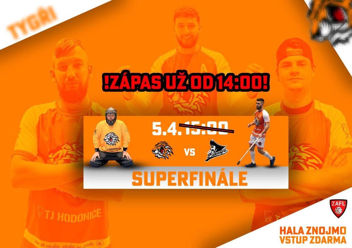 Začátek florbalového finále je posunut o hodinu dopředu na 14:00 kvůli postupu Znojemského A týmu do další fáze jejich ligy a zápasu, který se ještě ten stejný den musí odehrát. Děkujeme za pochopení