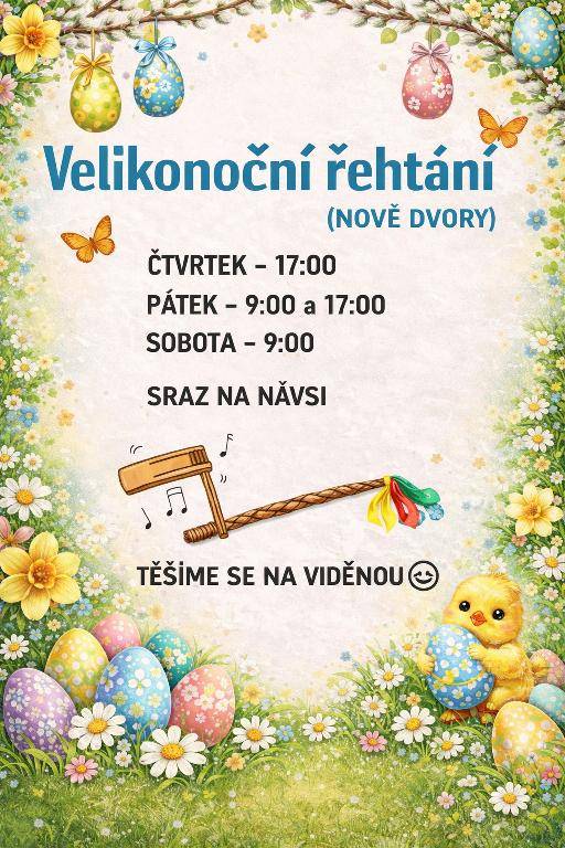 Zveme občany na tradiční velikonoční řehtání, které se letos koná nejen na Porostlinech, ale také v Nových Dvorech. Těšíme se na vaši účast.