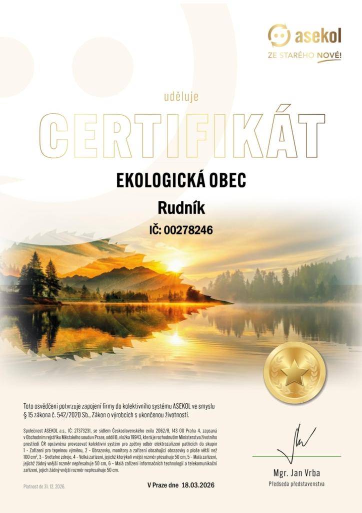 S velkou radostí jsme převzali Zlatý certifikát „Ekologická obec“, který oceňuje náš významný přínos v oblasti zpětného odběru vysloužilých elektrozařízení.