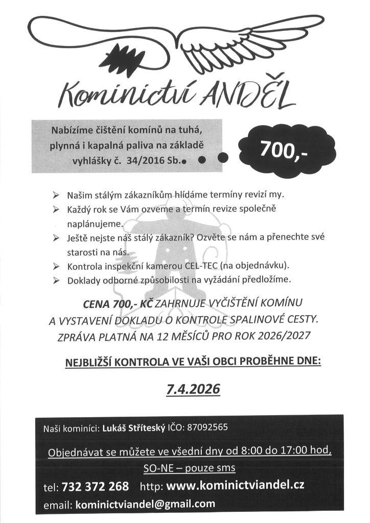 Kominictví Anděl nabízí čištění komínů na tuhá, plynná i kapalná paliva.