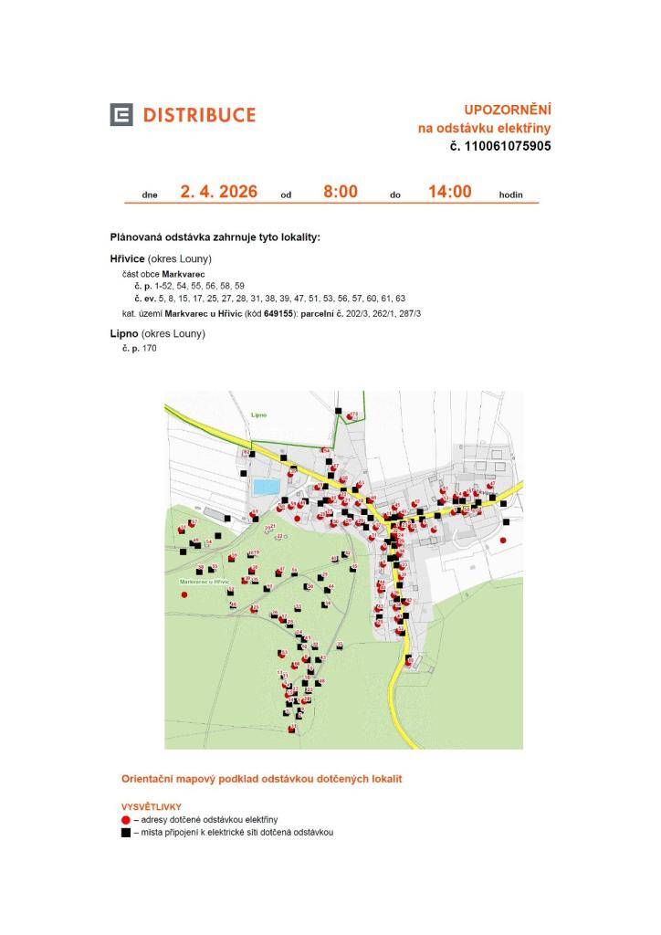 Dne 2. 4. 2026 od 8:00 do 14:00 hodin je plánovaná odstávka v obci Markvarec.