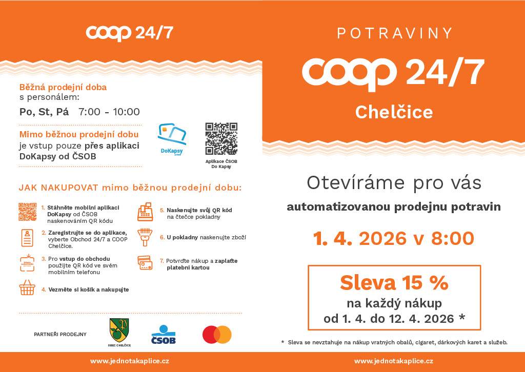 Automatizovaná prodejna potravin COOP 24/7 v Chelčicích zahájí provoz ve středu 1. dubna 2026 v 8:00 hodin. Tento nový koncept prodeje potravin nabídne obyvatelům komfortní nakupování bez časových omezení.