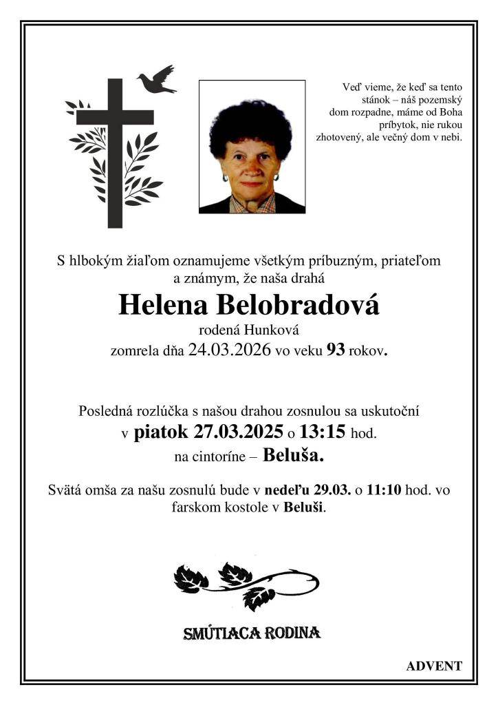 Belobradová Helena, rod. Hunková- marec 2026