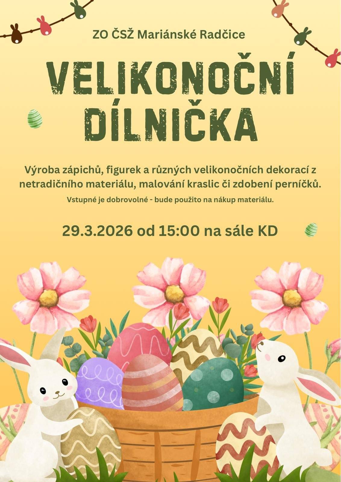 Přijďte si se svými dětmi vyrobit velikonční dekoraci nebo ozdobit perníček a kraslici na sál kulturního domu. Již tuto neděli od 15 hodin.