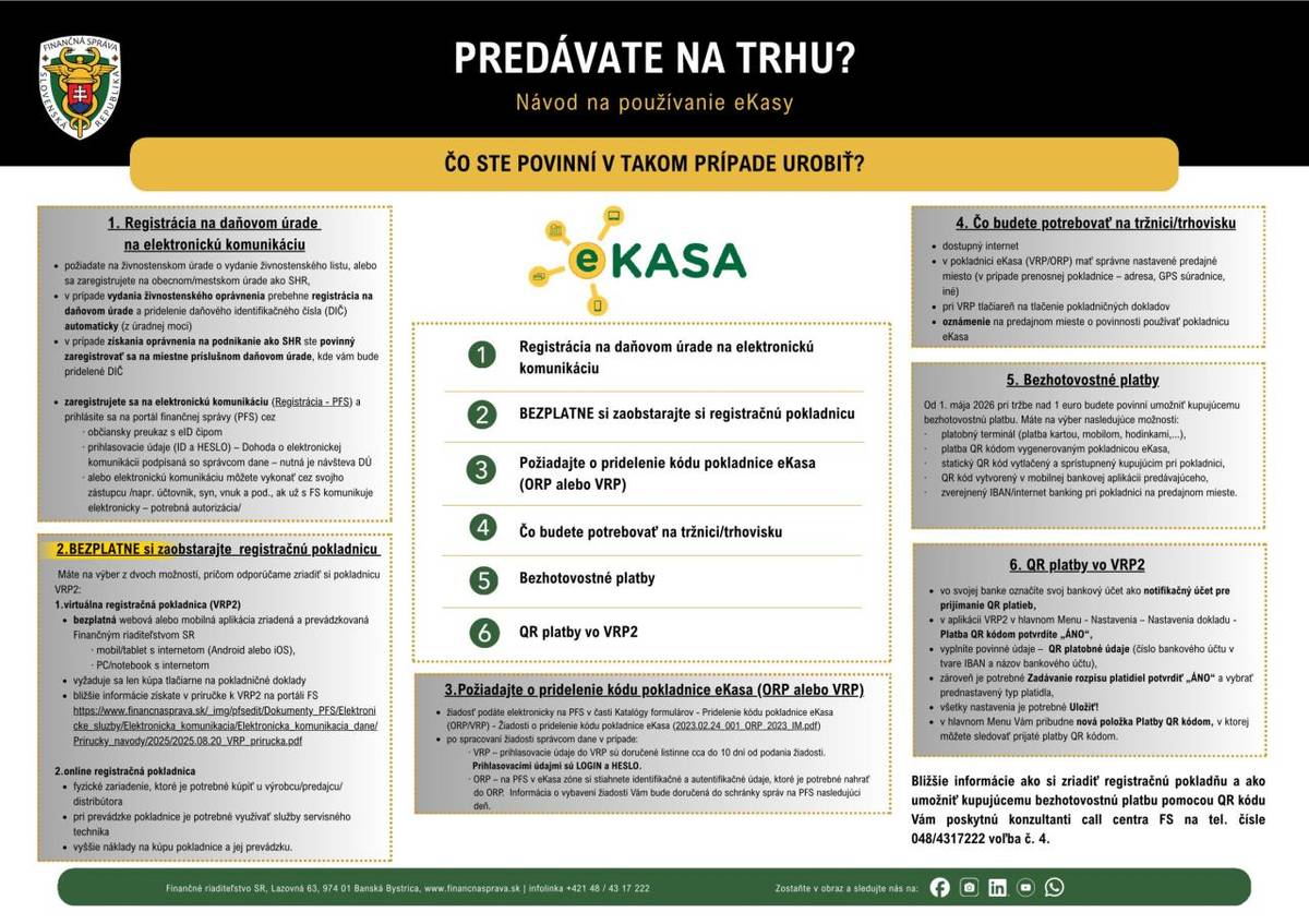 Finančné riaditeľstvo SR upozorňuje predajcov na trhoch a jarmokoch na aktuálnu zmenu pravidiel používania virtuálnej registračnej pokladnice.   Pre lepšiu orientáciu v nových povinnostiach slúži pomôcka - Návod na používanie eKasy.
