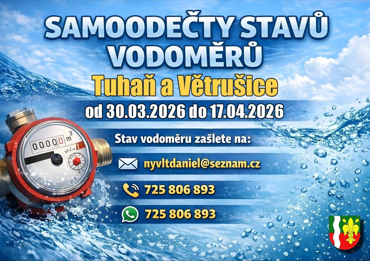 Pokud někdo nebude schopen odečíst vodoměr tak samozřejmě pan Nývlt bude odečítat od 20.04.2026 do 25.04.2026. Prosíme pouze Tuhaň a Větrušice, ne Červená Píska!