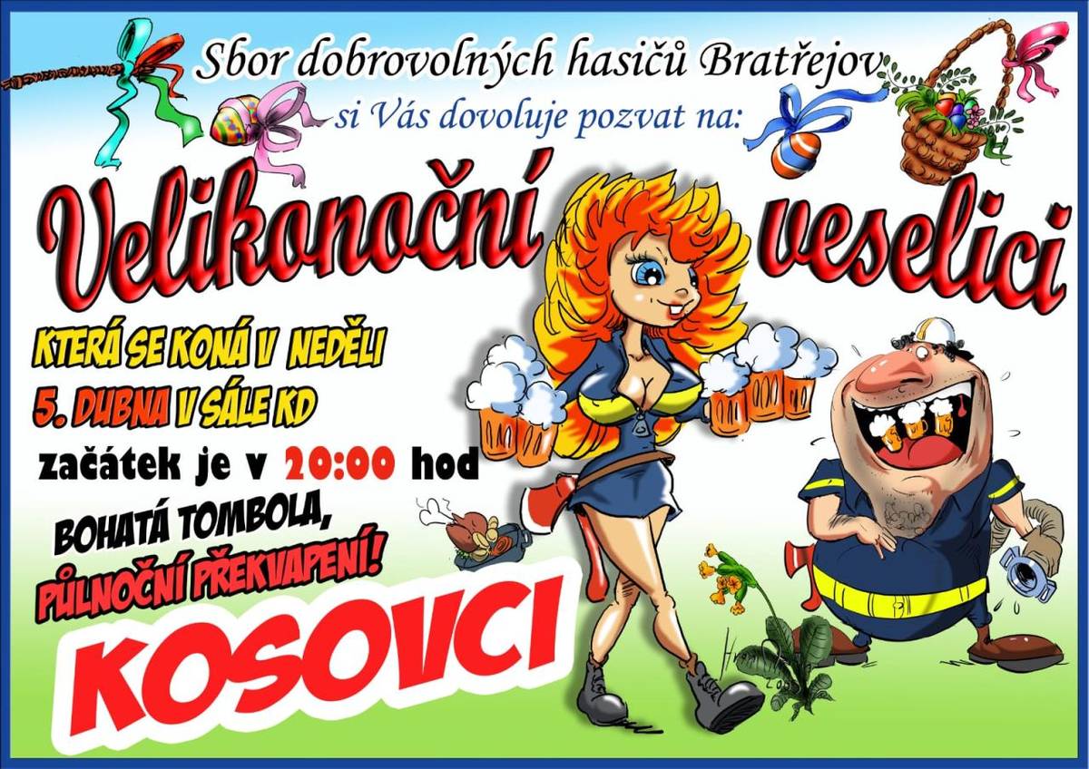 Velikonoční veselice v neděli 5.dubna 2026 v sále kulturního domu Bratřejov