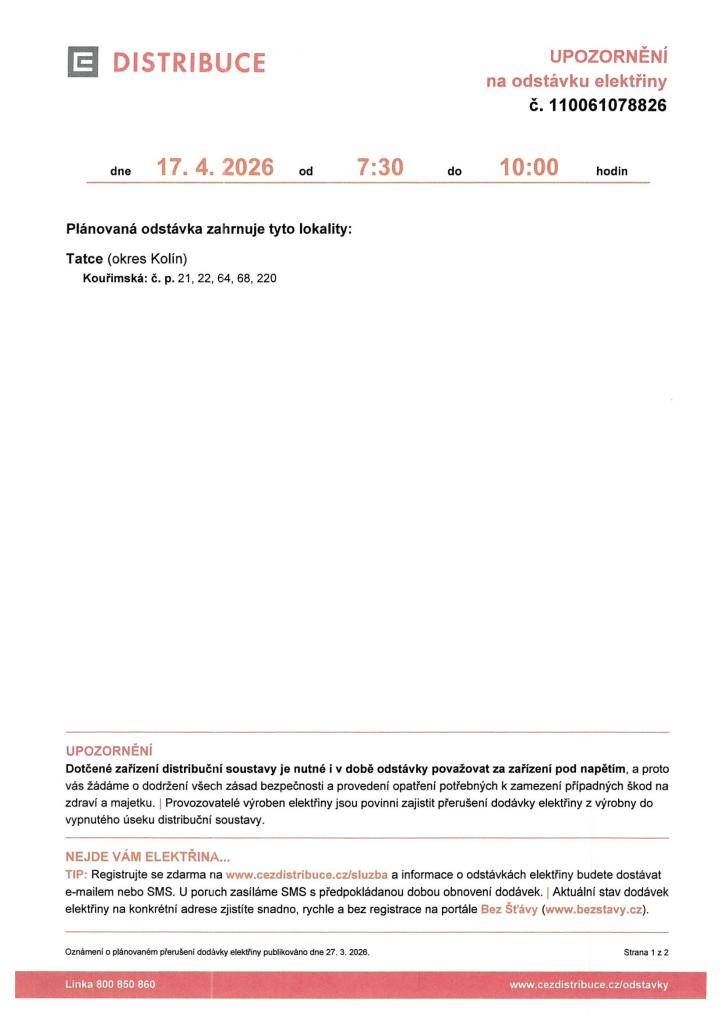 Odstávka eletrické energie - 17. dubna 2026