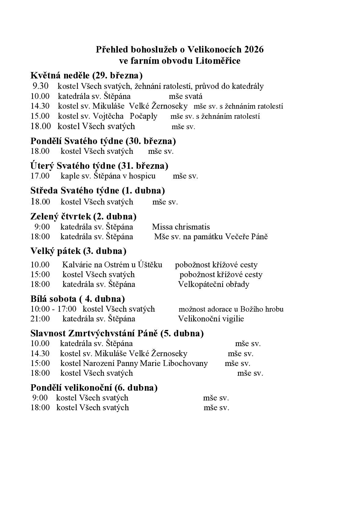 Přehled bohoslužeb o Velikonocích 2026 ve farním obvodu Litoměřice
