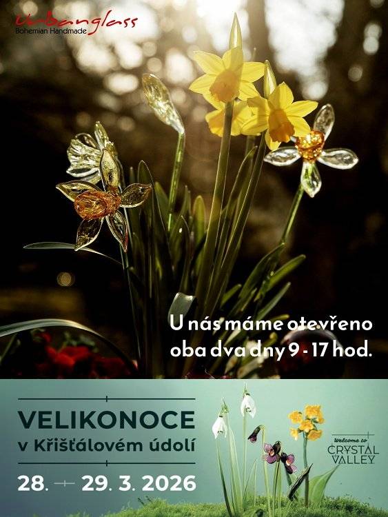 Přijďte se naladit na jarní notu. Náš rodinný tým je opět připravený splnit všechna Vaše přání a očekávání. Připravené je opět tvoření pro děti i dospěláky, odpočinout si můžete u sledování filmů se sklářkou tematikou. Čeká Vás malování kraslic ať už klasických nebo skleněných, nebudou chybět pomlázky z čerstvého vrbového proutí, každý si určitě přijde na své. Odvážnější si budou moci práci skláře vyzkoušet, obdivovat můžete naše originální skleněné květiny, současnou moderní autorskou tvorbu i artefakty z nedávných výstav, které se chystají opět zazářit a předvést krásu našeho skla na další připravované výstavě.   Samozřejmě bude možné opět pořídit za zvýhodněné ceny něco drobného i většího z našeho obsáhlého jarního skleněného květinářství i jiné kousky   Více zde: https://www.urbanglass-figurky.cz/.../velikonoce-v.../      Visit Crystal Valley Regionální produkt Český ráj Český ráj https://crystalvalley.cz/.../velikonoce-v-kristalovem...