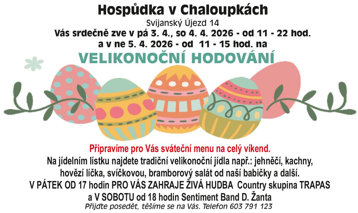 Hospůdka v Chaloupkách Vás srdečně zve na Velikonoční hodování.