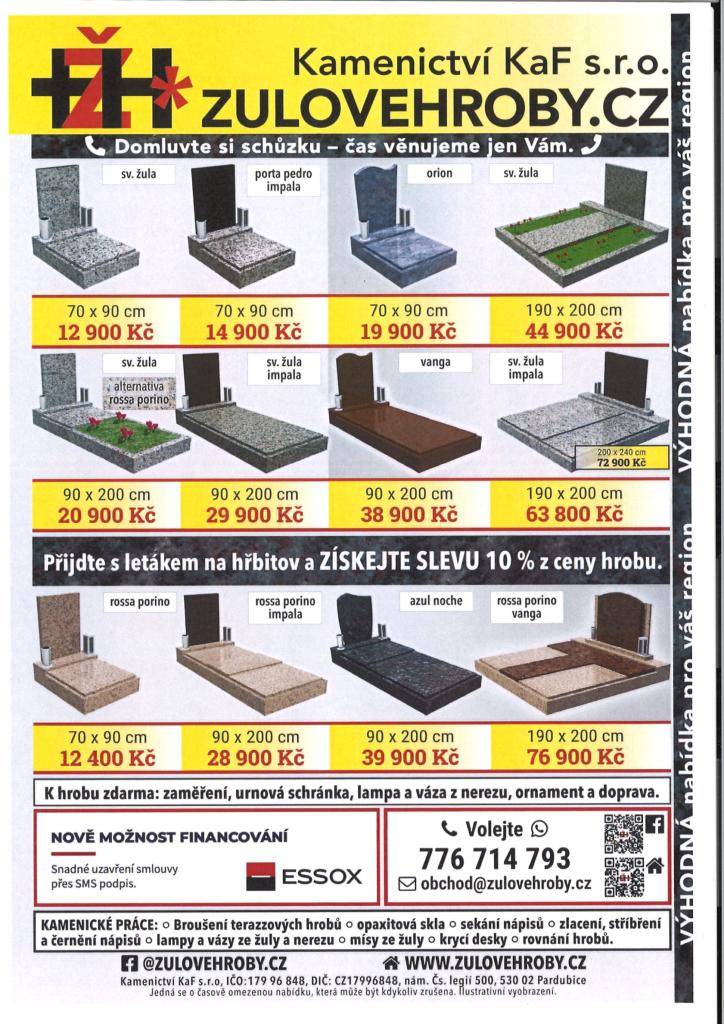 Ve dnech 17. října a 24. října 2025 bude na hřbitově v Kočí přítomen obchodní zástupce firmy Kamenictví KaF s.r.o. a Žulovéhroby.cz v čase od 10:30 do 10:50 hodin. Budete mít možnost objednat opravy hrobů a využít výhodné nabídky.