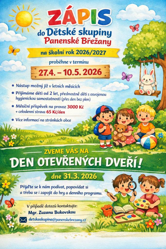 Naše dětská skupina otevírá zápis pro děti od 2 let na nový školní rok od července 2026 a zároveň všechny zájemce zve na den otevřených dveří, který bude pobíhat po celé úterý 31.3.2026.