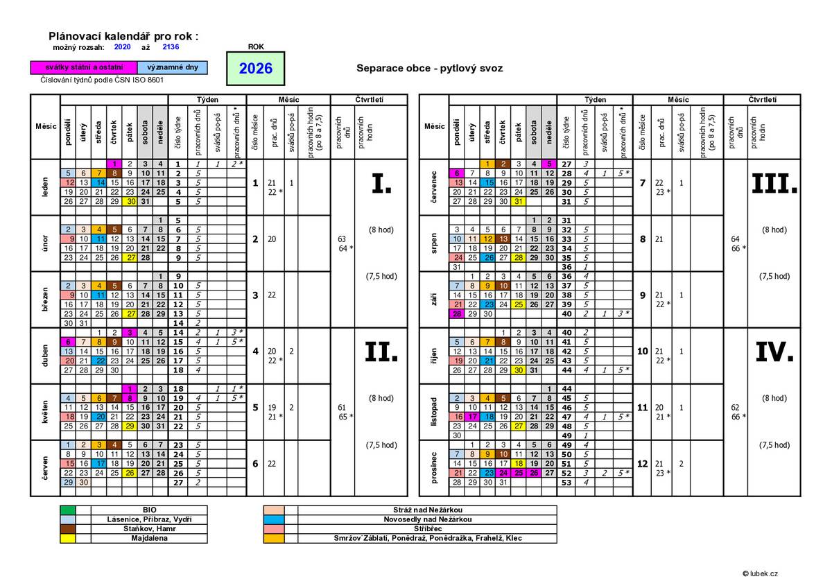 Upozorňujeme, že svoz pytlů se separovaným odpadem je v měsíci duben naplánován na druhé pondělí v měsíci, tj. 13.4.2026.