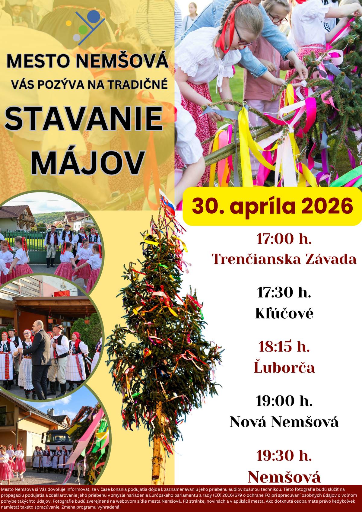 🪗Vo štvrtok 30.4.2026 prejdeme celým mestom, aby sme symbolicky, v každej časti, osadili máj, priniesli Vám kúsok ľudovej hudby, folklóru a dobrej nálady...   🙏Budeme vďační, keď prídete do ulíc nášho mesta a spoločne sa zabavíme na Tradičnom stavaní májov...