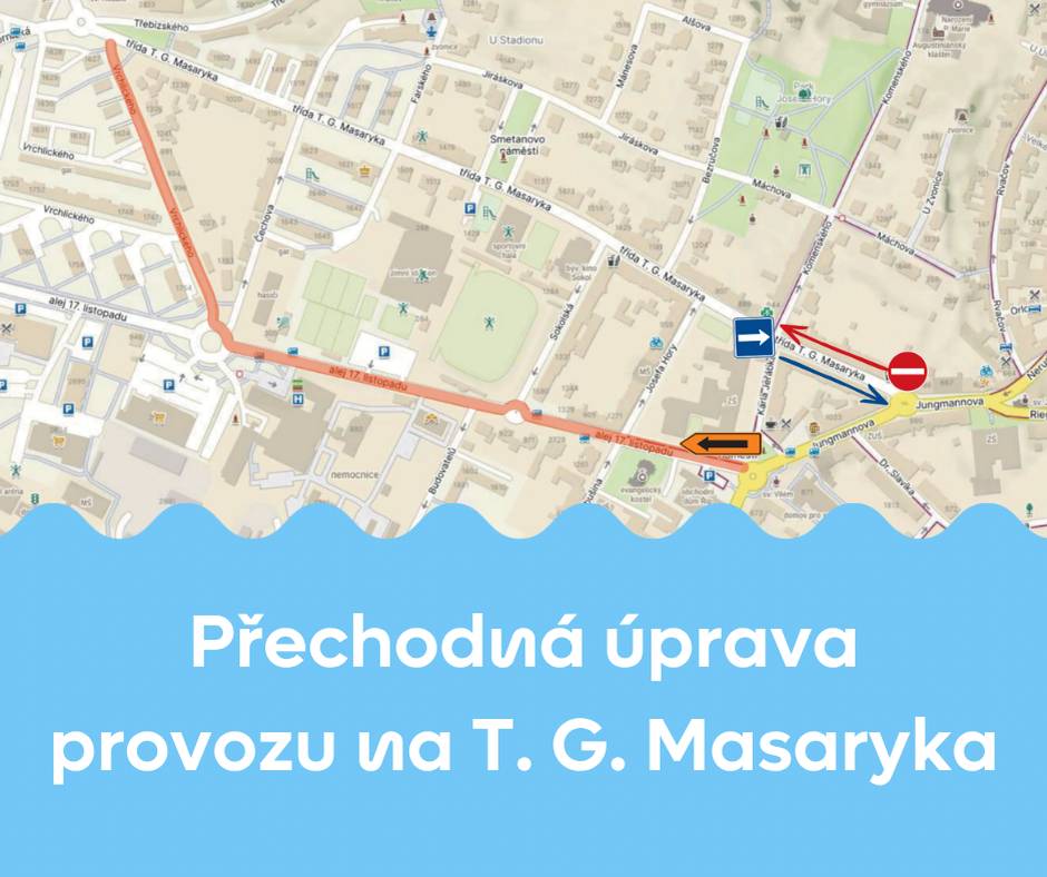 V příštím týdnu začne v této lokalitě překop jízdního pruhu, kvůli kterému bude ulice v daném úseku pouze jednosměrná. 🚗 Kudy projedete: Úsek bude průjezdný pouze směrem z ulice T. G. Masaryka. ⛔ Kudy neprojedete: Z kruhového objezdu v Jungmannově ulici nebude průjezd možný. Prosíme, využijte objízdnou trasu přes Alej 17. listopadu a ulici Vrchlického. Děkujeme za zvýšenou pozornost a respektování dopravního značení.