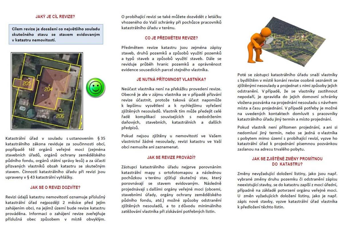 Katastrální úřad oznamuje, že v katastrálním území obce Oplot bude zahájena revize údajů katastru nemovitostí. Cílem revize je zajistit soulad údajů katastru se skutečným stavem v terénu. Revize bude probíhat v roce 2026 a 2027 za součinnosti obce, orgánů veřejné moci a v případě potřeby také za účasti vlastníků a jiných oprávněných osob. Revize je prováděna v souladu s § 35 odst. 1 zákona č. 256/2013 Sb., o katastru nemovitostí, a dle § 43 odst. 2 vyhlášky č. 357/2013 Sb. Podrobnější informace v přílohách.