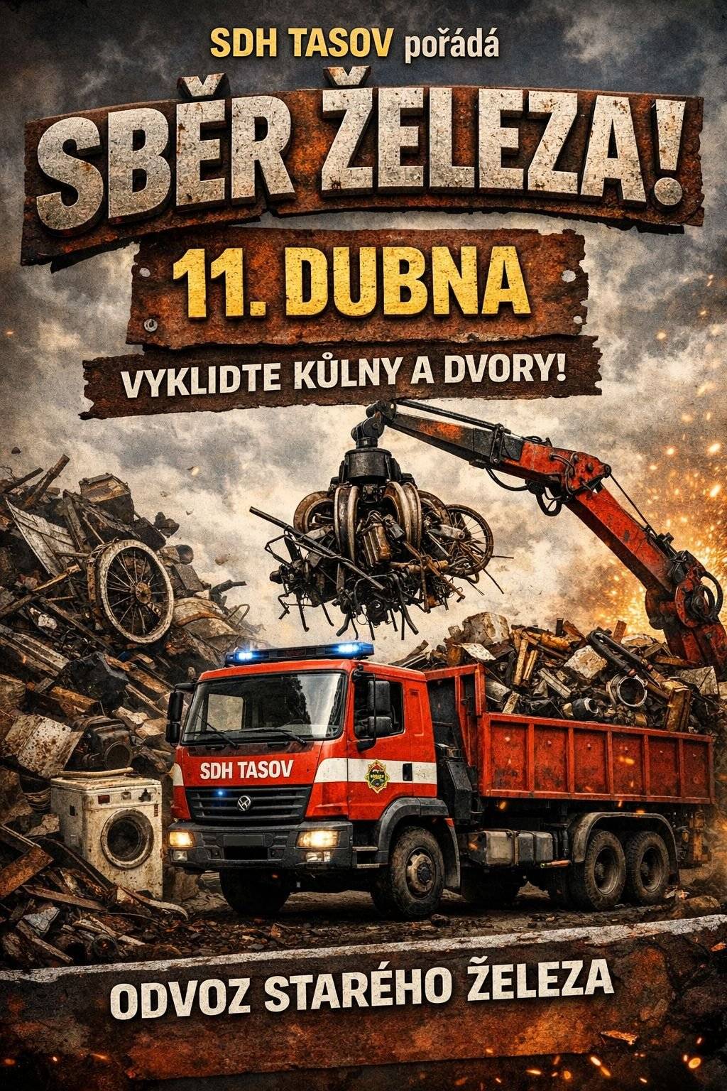 Prosíme občany, aby veškerý nepotřebný kovový odpad připravili před své domy. Sběr bude probíhat v průběhu dne 11. 4. 2026. ♻️  Děkujeme za spolupráci, SDH Tasov