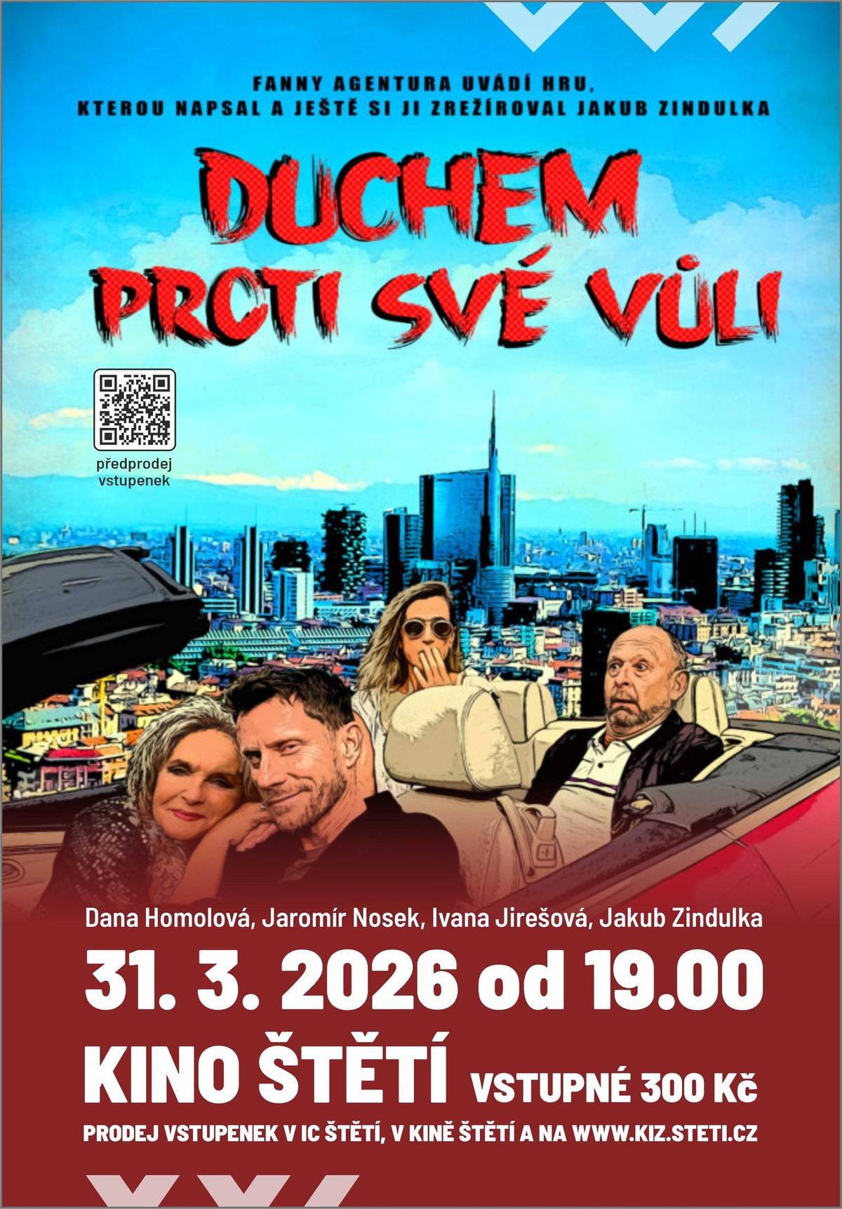 Kulturní středisko Štětí zve na divadelní představení Saturnin, které proběhne dnes, v pátek 27. 3. od 19 hodin na velkém sále Kulturního střediska. Hraje divadelní spolek KLAS z Klášterce nad Ohří. Vstupné 50 korun.   Dům dětí a mládeže a Kulturní středisko zvou na akci Velikonoce v zahradě Domu dětí a mládeže. Akce proběhne v sobotu 28. 3. od 14 hodin v Domě dětí a mládeže. Vstup zdarma.   Zdravé město Štětí pořádá v sobotu 28. 3. akci Ukliďme Štětsko. Úklidová akce proběhne ve Štětí i v místních částech, zapojit se může každý. Informace na webových stránkách města Štětí nebo na sociálních sítích města.   Zdravé město zve na akci Hodina Země, která proběhne v sobotu 28. 3. od 20 hodin na Novém náměstí. Představí se Rinas Company s Fire show, Základní umělecká škola Štětí se speciální výstavou. Od 20:30 do 21:30 bude v rámci akce zhasnuté Nové náměstí.   Kulturní středisko Štětí zve na divadelní komedii Duchem proti své vůli. Divadelní hra proběhne v Městském kině v úterý 31. 3. od 19 hodin. V hlavních rolích: Ivana Jirešová, Dana Homolová, Jaromír Nosek a Jakub Zindulka. Vstupné: 300 korun. Vstupenky možné zakoupit i v předprodeji v Městském kině, Informačním centru nebo online na webu kiz.steti.cz.   Klub seniorů Štětí zve v pondělí 30. 3. na akci Křeslo pro hosta. Hostem bude starosta města Miroslav Andrt. Začátek akce ve 14 hodin v Domě s pečovatelskou službou ve Školní ulici.   Městské kino ve Štětí zve. V sobotu od 18:30 na přímý přenos oslavy 90. narozenin Zdeňka Svěráka z divadla Járy Cimrmana s názvem Zdeněk Svěrák 90. V neděli kino hraje od 15:30 film Jeníček a Mařenka: Strážci kouzel a od 17:30 film Přání k narozeninám: Křtiny.