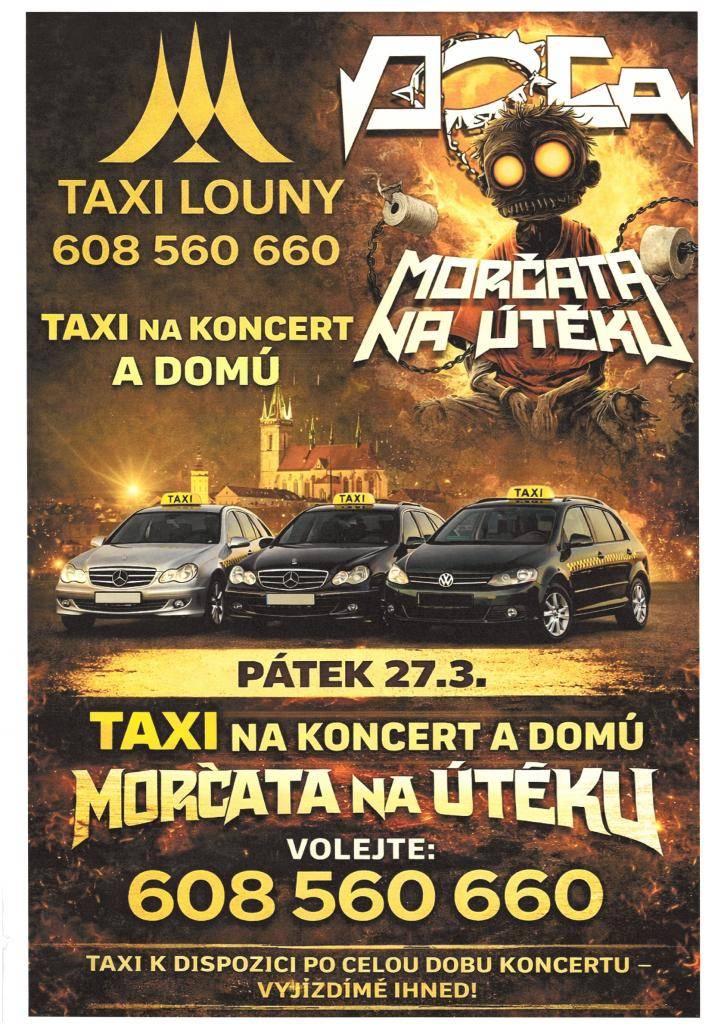 MOŽNOST ODVOZU NA KONCERT ZAJIŠTĚNA!   Chystáte se v pátek 27. 3. na Dogu a Morčata na útěku? Neřešte parkování ani "kdo bude řídit". Máme pro vás domluvený odvoz z Cítolib tam i zpět!    Start: Cítoliby   Kdy: Pátek 27. 3. 2026  Taxi Louny si můžete objednat na čísle: 608 560 660