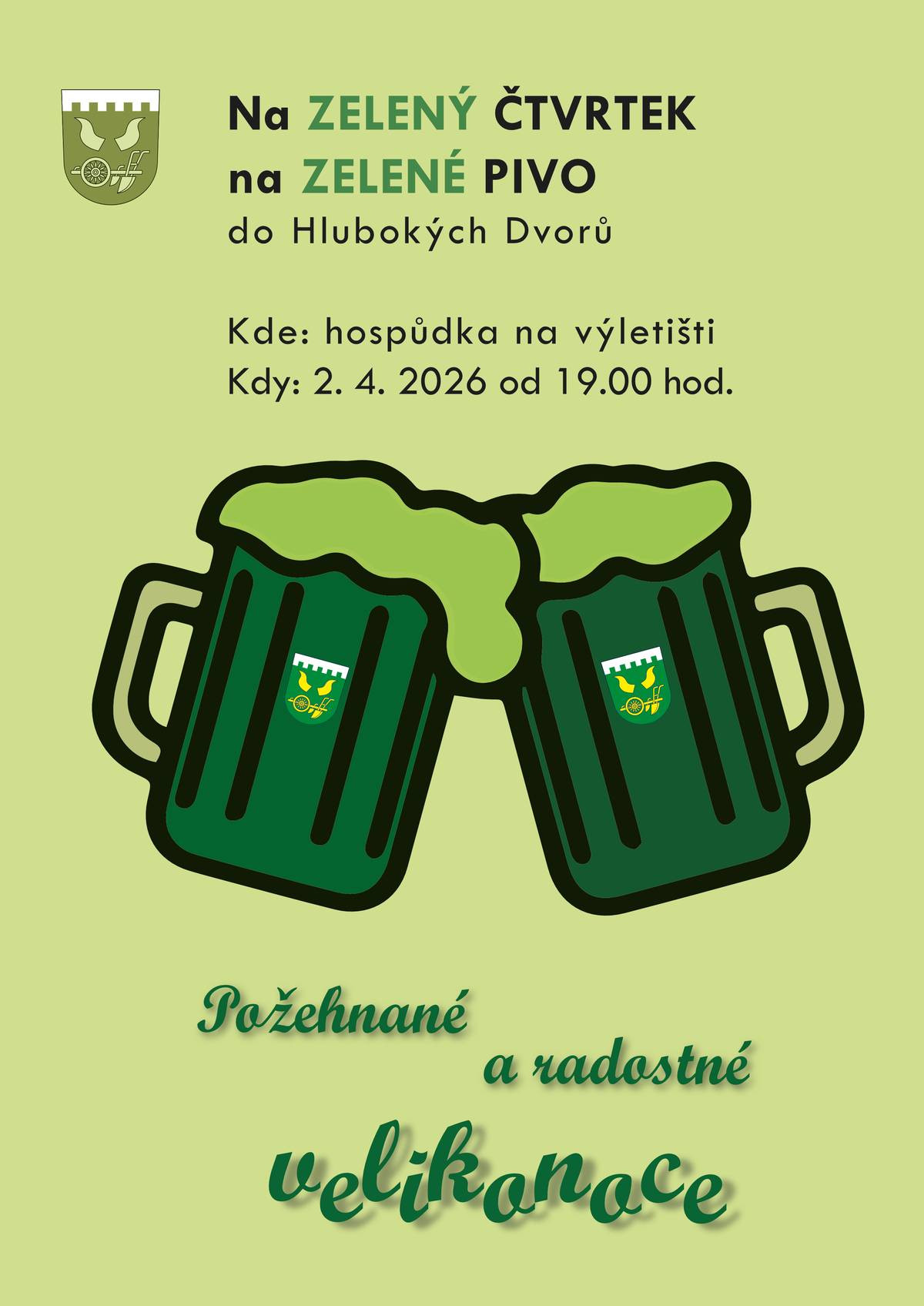 Zelené pivo se bude podávat ve čtvrtek 2. 4. 2026 od 19. hodiny v hospůdce na výletišti.