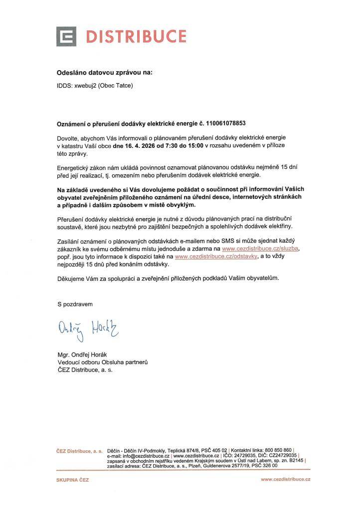 oznámení o přerušení dodávky elektrické energie - 16.4.2026