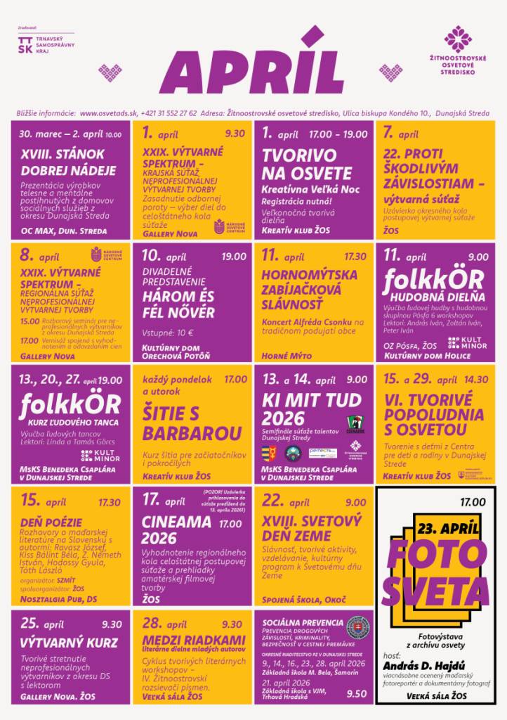 Milí priatelia Osvety, posielame Vám plánované programy ŽOS na apríl 2026.    Takto tesne pred Veľkou nocou do vašej pozornosti upriamujeme naše najbližšie podujatia. Tešíme sa na Vás!    Kolektív Osvety