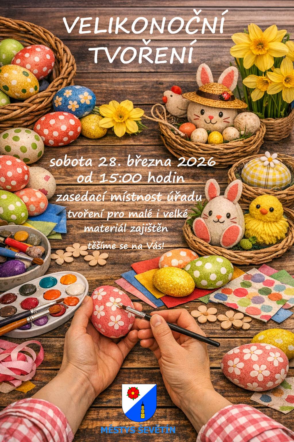 Již zítra, v sobotu 28. března, se na Vás od 15:00 hodin těšíme v zasedací místnosti úřadu městyse na velikonoční tvoření. Jako každoročně bude připraveno i velké vejce, které po namalování spolu s ostatními vejci z předchozích let umístíme na náměstí. Veškerý materiál včetně proutků na pletení pomlázek je zajištěn.