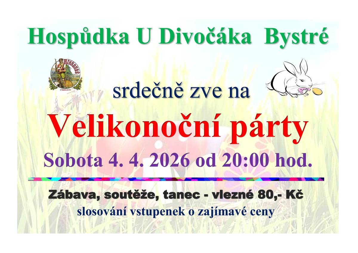 Hospůdka U Divočáka srdečně zve na Pomlázkové posezení s hudbou v sobotu 4. 4. 2026 od 20 hodin.