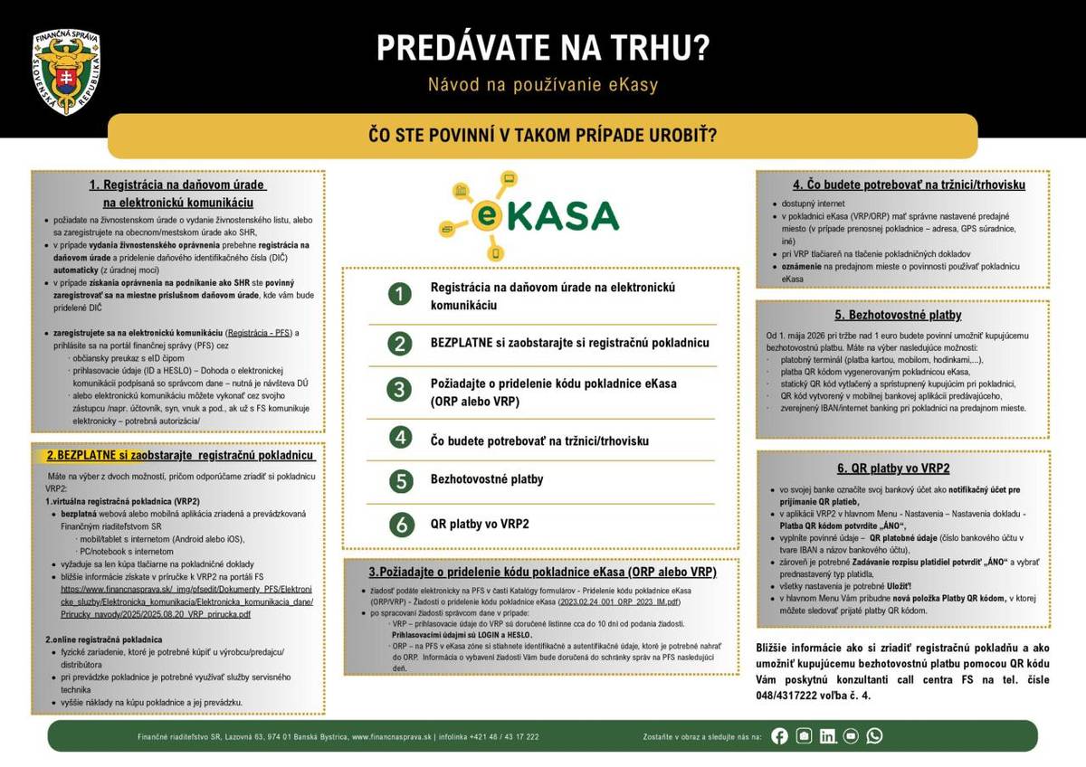 PREDÁVATE NA TRHU? Finančná spáva SR Vám ponúka  návod na používanie eKasy.  Čo ste ako podnikateľ povinný v takom prípade urobiť.