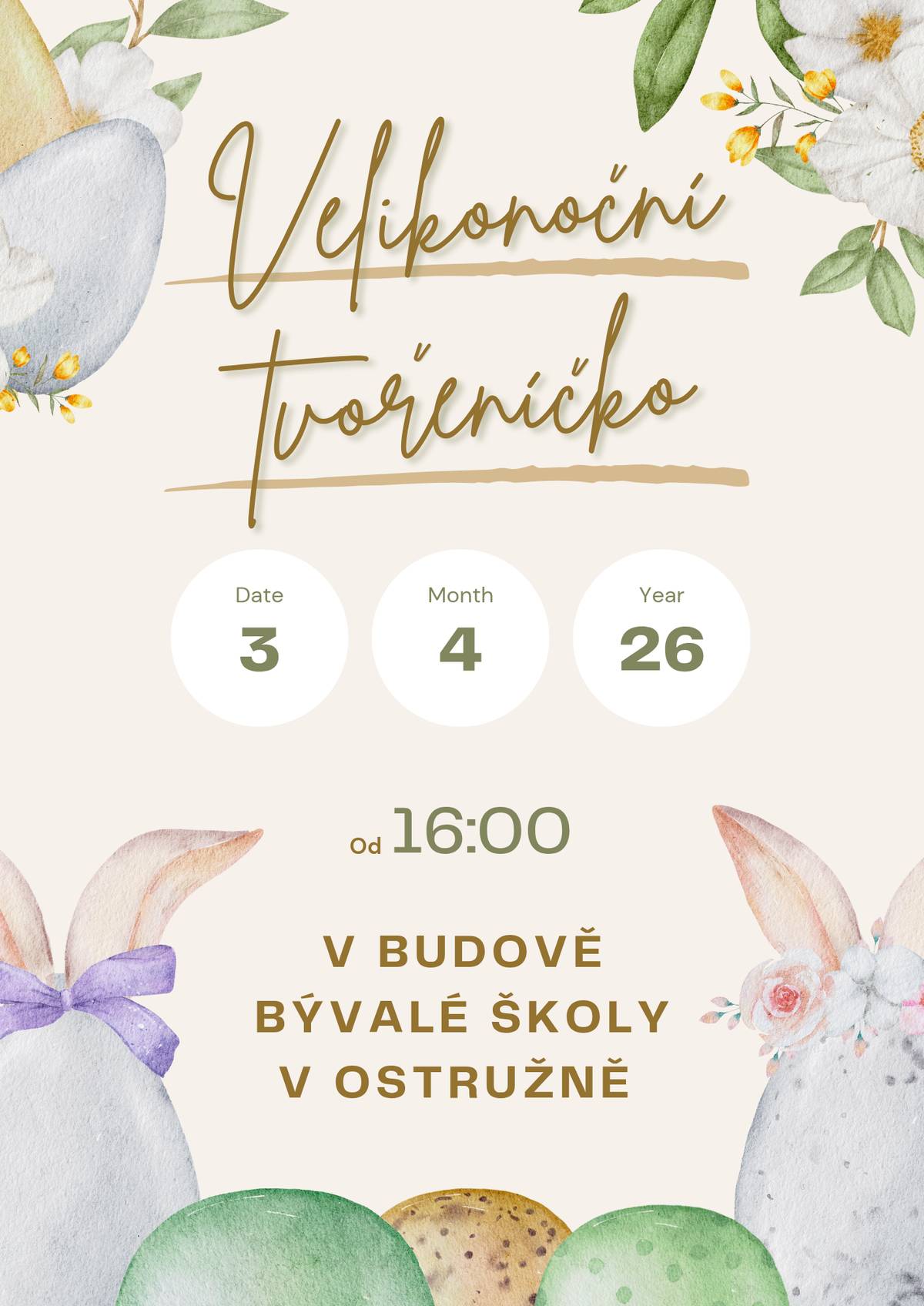 Dobrý den, ahoj, Chtěla bych vás pozvat na velikonoční tvořeníčko. Bude se konat 3.4. v budově bývalé školy v Ostružně. Těšíme se na vás! Markét a Barča