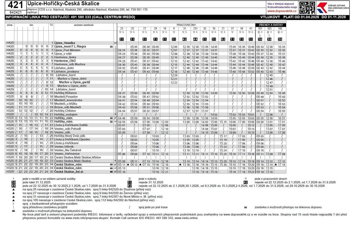 Vážení splouobčané, na poslední chvili odbor dopravy KHK upravil ranní spoj linky 421. První spoj z Maršova do Úpice pojede již 4:21 (původně 4:23), první spoj z Úpice na Hořičky vyjede již 4:24 (původně 4:27). Jízdní řád naleznete v příloze.  Omlouvám se komplikace.
