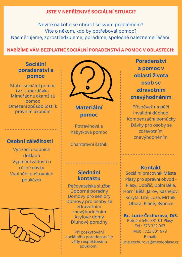 Město Plasy nabízí bezplatné sociální poradenství a pomoc pro každého, kdo se nachází v obtížné sociální situaci. Naše služby zahrnují státní sociální pomoc, vyřízení osobních dokladů, potravinovou a nábytkovou pomoc, a další formy materiální pomoci.