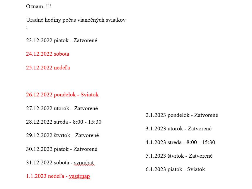 Úradné hodiny počas vianočných sviatkov