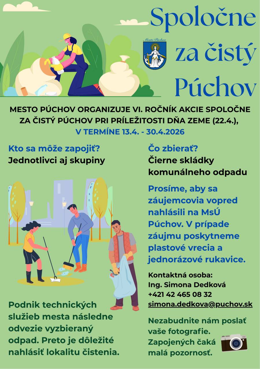 Mesto Púchov organizuje 6. ročník dobrovoľníckej upratovacej akcie „Spoločne za čistý Púchov“, pri príležitosti uctenia si Dňa Zeme, ktorému každoročn...