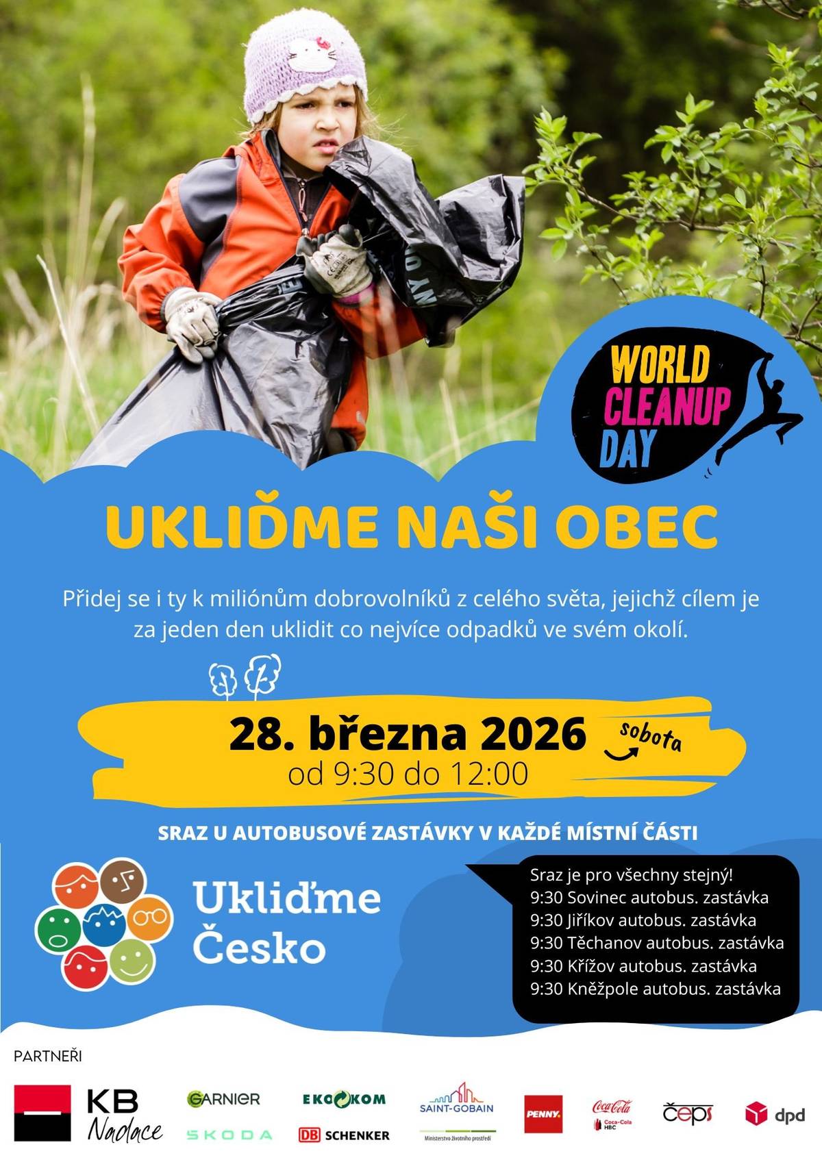 Už zítra, tj. v sobotu 28. března dopoledne se potřetí v rámci akce Ukliďme Česko společně pustíme do úklidu našich místních částí.  Jak na to? Stačí přijít v 9:30 na autobusovou zastávku v Jiříkově, Kněžpoli, Křížově, Sovinci nebo Těchanově. Jako obvykle na vás bude čekat organizátor a také odpadkové pytle, rukavice i další pomůcky. Pokud máte vlastní pracovní rukavice, samozřejmě si je můžete přinést. Speciálně prosíme o zapojení občany a chataře z Jiříkova - je to naše největší místní část a potřebujeme vytvořit několik skupinek, abychom vše zvládli. Opět vám bude odměnou nejen čisté okolí a dobrý pocit, ale také občerstvení zdarma! Organizátoři vám vlastnoručně připraví čerstvé obložené housky jako od maminky, nápoje včetně čaje na zahřátí a dojde i na drobnou sladkost.  Přijďte s rodinou, přáteli, sousedy - těšíme se na vás!