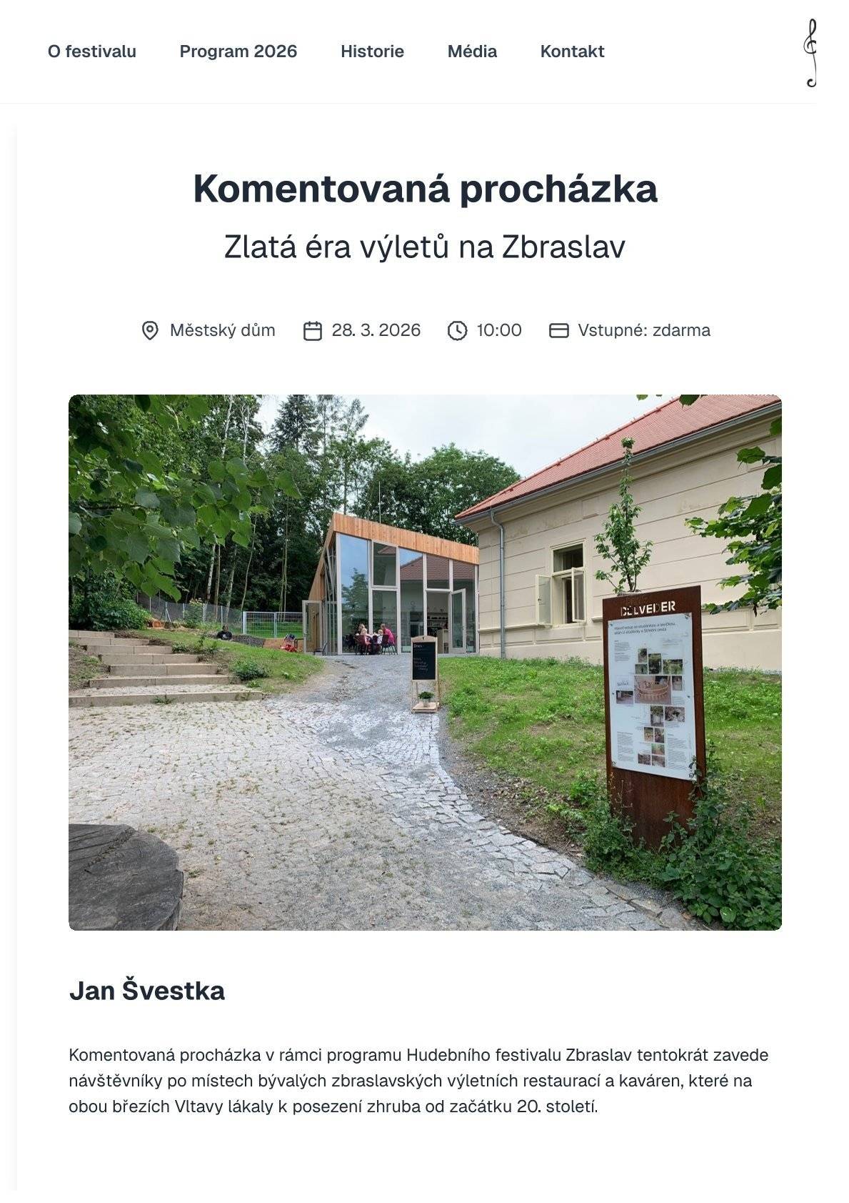 28.3.2026 od 8:30 do 12:30 | Zbraslavské náměstí | První trh jarní sezóny   28.3.2026 od 9:00 | Ukliďme Třešňovku a Havlín | Sraz dobrovolníků je u brány hřbitova    28.3.2026 od 10:00 | Zlatá éra výletů na Zbraslav | Komentovaná vycházka s architektem Janem Švestkou po bývalých zbraslavských výletních restauracích a kavárnách | Sraz před Městským domem, U Malé řeky 3 | Vstup zdarma   29.3.2026 od 15:00 | Doktorská pohádka | Pohádka pro děti Divadlo Jana Kašky | Vstupenky na https://goout.net/cs/listky/doktorska-pohadka/gdvjb/ | Vstupné 70 Kč děti, 100 Kč dospělí.