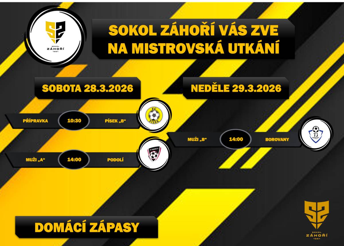 Přijďte o víkendu 28. a 29. března zafandit na hřiště do Záhoří! Čekají vás tři napínavá utkání a otevřený bufet s občerstvením. Těšíme se na vás!