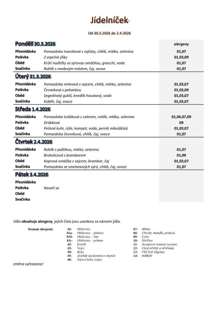 Jídelníček základní školy platný v týdnu od 30.3. do 2.4.2026. V pátek 3.4.2026 se nevaří: