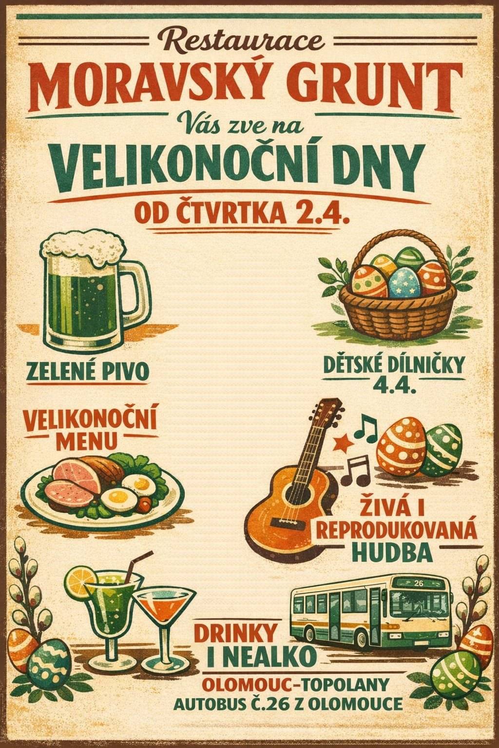 Přijďte oslavit svátky jara do Topolan. Je pro vás připraven  bohatý program, který si užijí dospělí i ti nejmenší. Na co se můžete těšit? 🥗 Velikonoční speciality Od čtvrtka 2. dubna - speciální velikonoční menu. K jídlu nebudou chybět osvěžující drinky, nealko a pro milovníky tradic i zelené pivo! 🍺🌿 🎨 Tvořivé dílničky (nejen) pro děti V sobotu 4. dubna od 10:00 do 16:00 -  „Šití a pletení od Hely“. Přijďte si vyzkoušet:   Výrobu ozdob a velikonoční malování   Malování voskem a vrtání vajec   Madeirové kraslice (slepičí, kachní i husí)   🎶 Hudba a pohoda K dobré náladě zahraje živá i reprodukovaná hudba, takže o atmosféru je postaráno! 📍 Kde? Restaurace Moravský grunt, Olomouc–Topolany. Vezměte rodinu, sousedy i známé a přijďte si užít jarní dny.