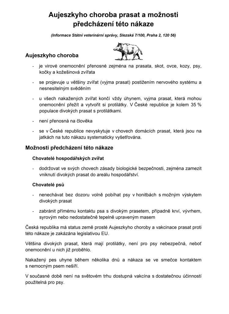 Informace státní veterinární správy o virovém onemocnění zejména u prasat divokých.