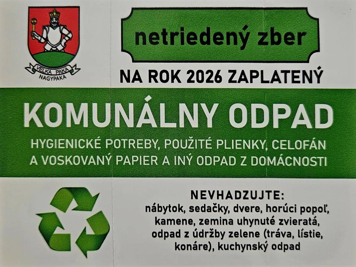 Oznamujeme Vám, že obecný úrad začal s doručovaním rozhodnutí za poplatok za komunálny odpad do Vašich schránok. Po zaplatení poplatku si môžete prevziať na obecnom úrade nálepky na rok 2026.  Pozor: od 1. mája budú vyvezené iba smetné nádoby, na ktorých bude nálepka na 2026!