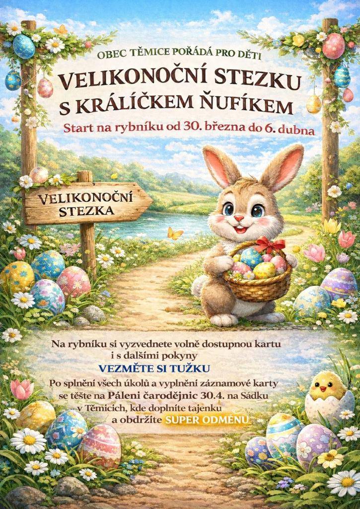 Obec Těmice pořádá "VELIKONOČNÍ STEZKU S KRÁLÍČKEM ŇUFÍKEM".