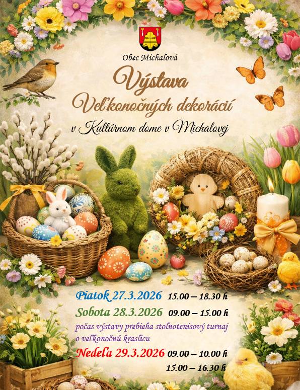 Srdečne Vás pozývame na výstavu Veľkonočných dekorácií. V piatok, od 15.00-18.30h, v sobotu 09.00-15.00 h, počas výstavy prebieha stolnotenisový turnaj, v nedeľu od 09.00-10.00 h, 15.00-16.30 h.