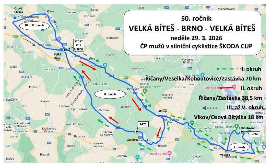 V neděli 29. 3. 2026 se od 12 hodin uskuteční cyklistický závod Velká Bíteš - Brno - Velká Bíteš vedoucí přes naši obec. Respektujte pokyny pořadatelů a počítejte s dopravním omezením na ulicích Brněnská, Jihlavská a Rosická.