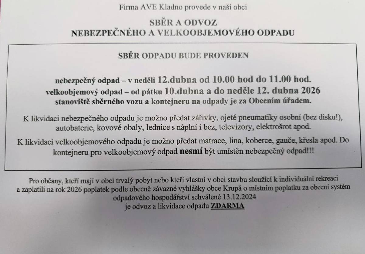Sběr a odvoz velkoobjemového materiálu proběhne od 10. - 12.4.2026