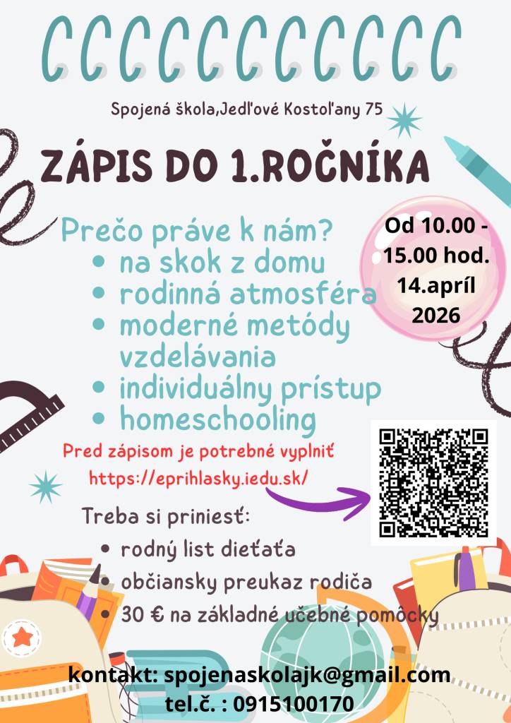 Spojená škola v Jedľových Kostoľanoch pozýva rodičov na zápis do 1. ročníka. Zápis sa uskutoční 14. apríla 2026 od 10:00 do 15:00 hod. V škole ponúkame rodinnú atmosféru, moderné metódy vzdelávania a individuálny prístup.