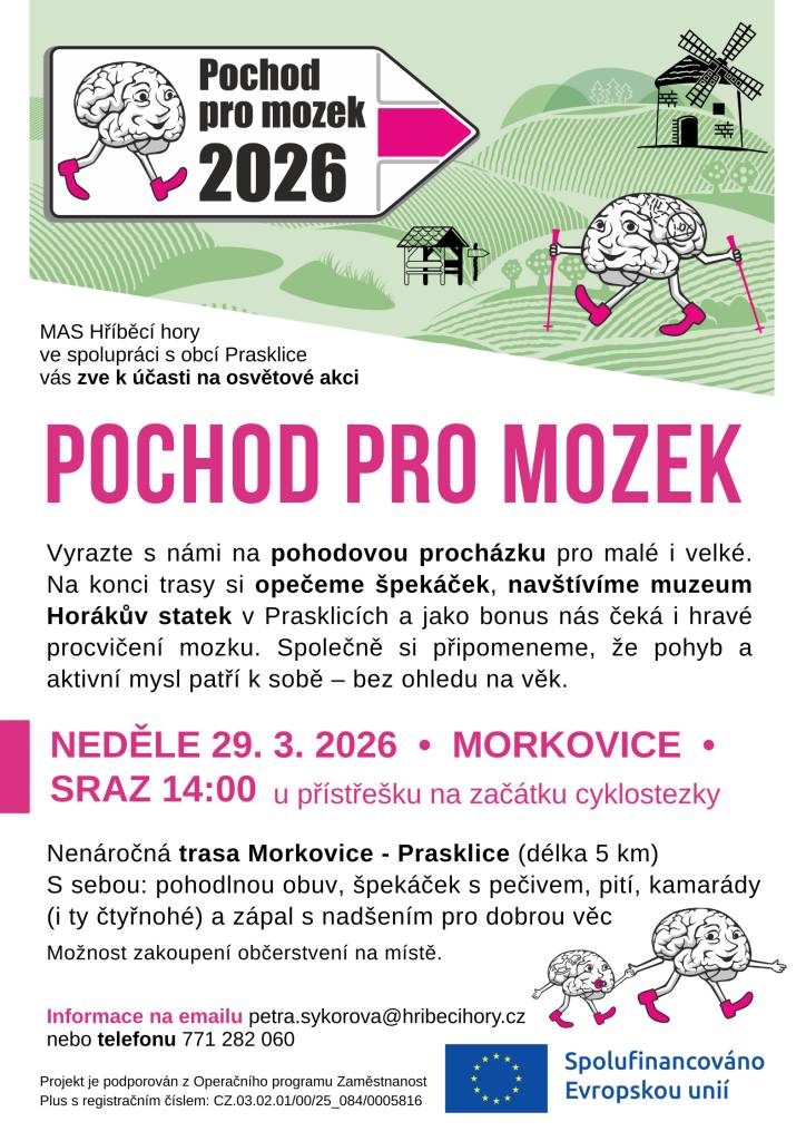 Zveme vás na akci 'Pochod pro mozek', která se koná v neděli 29. března 2026. Vydejte se s námi na pohodovou procházku z Morkovic do Prasklic. Po cestě si opečeme špekáčky a navštívíme muzeum Horákův statek. Cílem akce je připomenout důležitost pohybu a aktivního myšlení bez ohledu na věk.