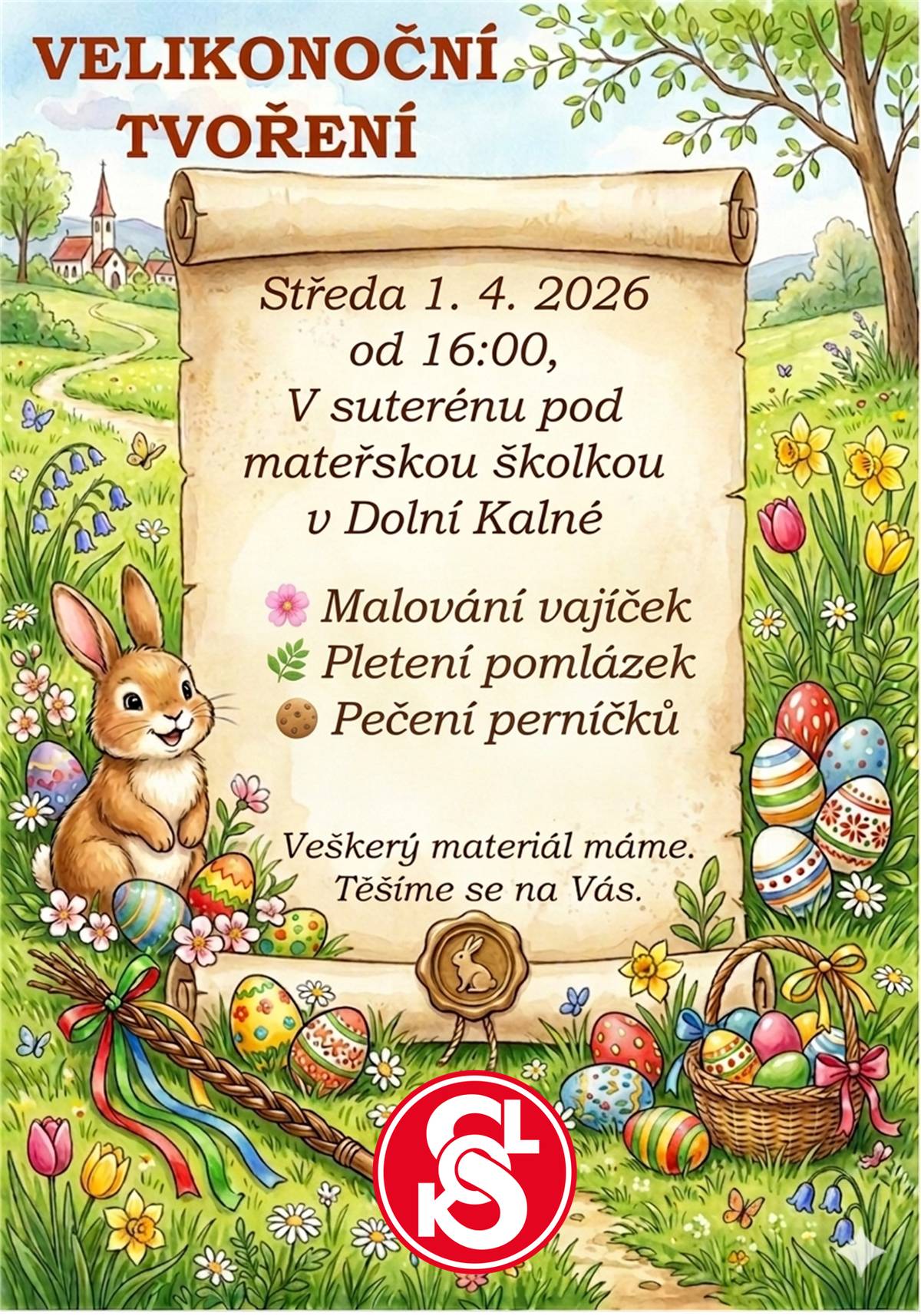 Vezměte děti a přijďte se s námi naladit na svátky jara. 🌱 Čeká nás odpoledne plné tradic, vůní a tvoření! Vše potřebné budeme mít pro vás připraveno. ✨   🗓️ Kdy: Středa 1. dubna 2026 od 16:00   📍 Kde: Suterén pod mateřskou školou v Dolní Kalné   Dobrou náladu s sebou ☀️, o zbytek se postaráme my. Těšíme se na vás! 🙌
