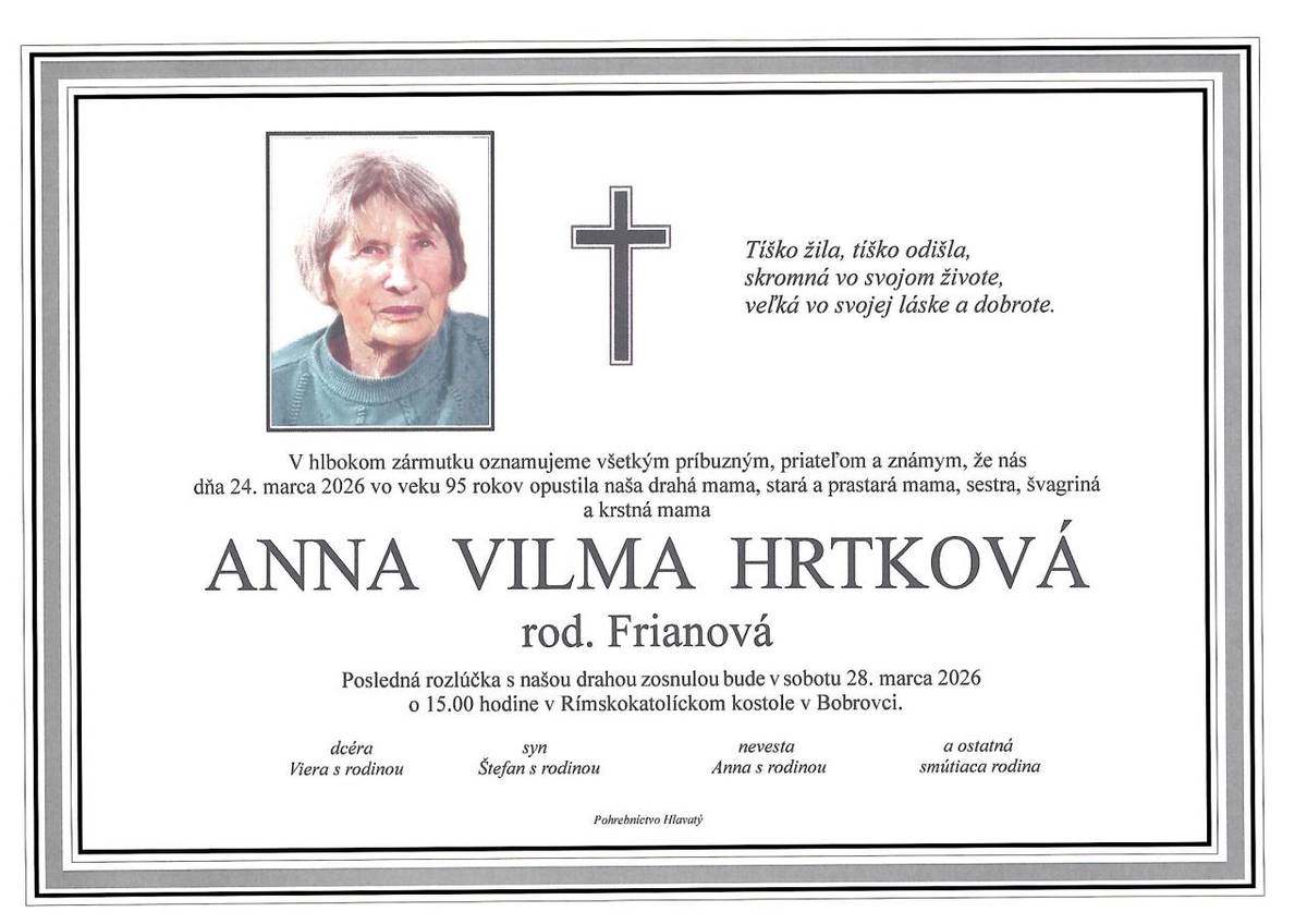 Smútočné oznámenie Anna Vilma Hrtková